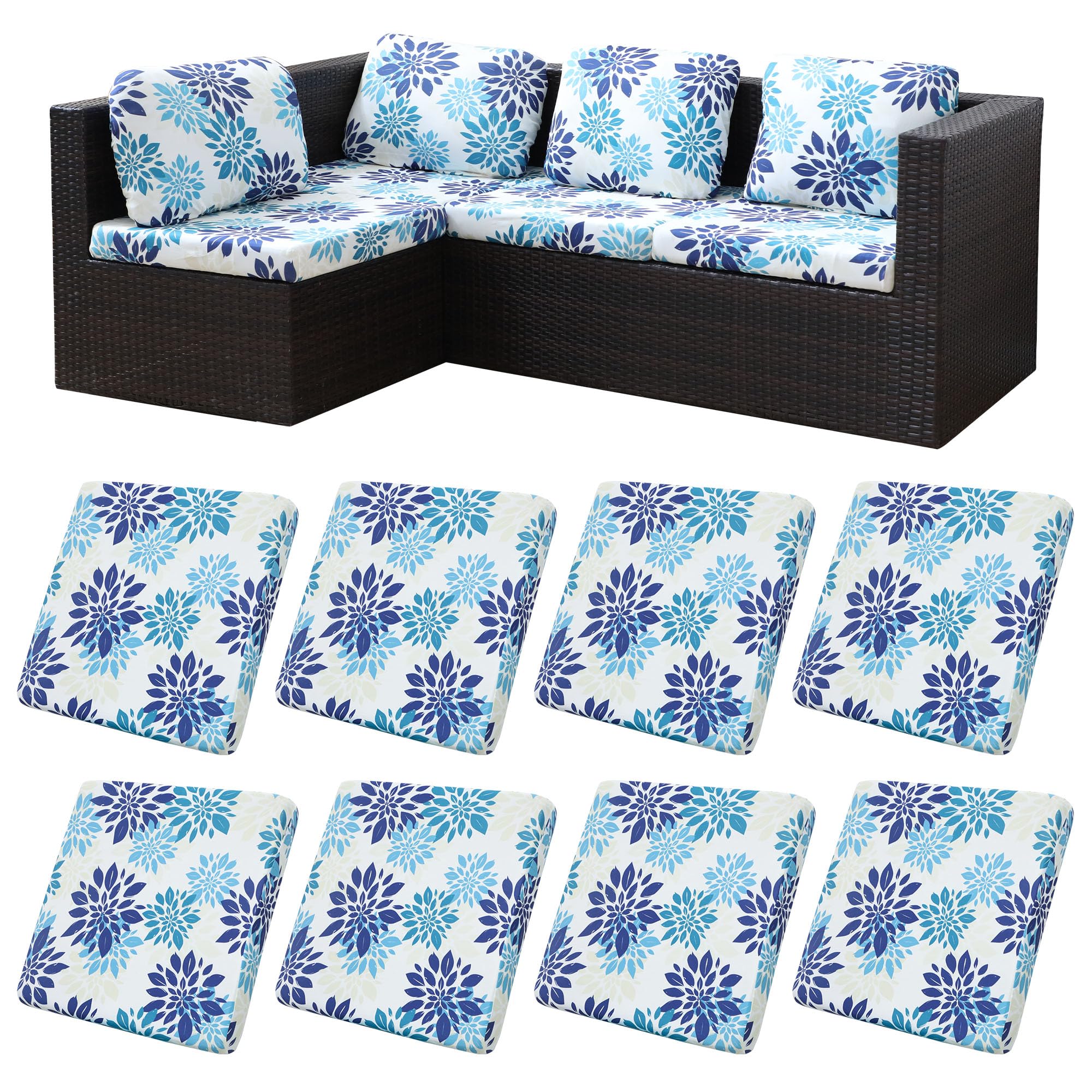 BIETYONE Outdoor Cushion Covers 8PCS Blue Flower front view