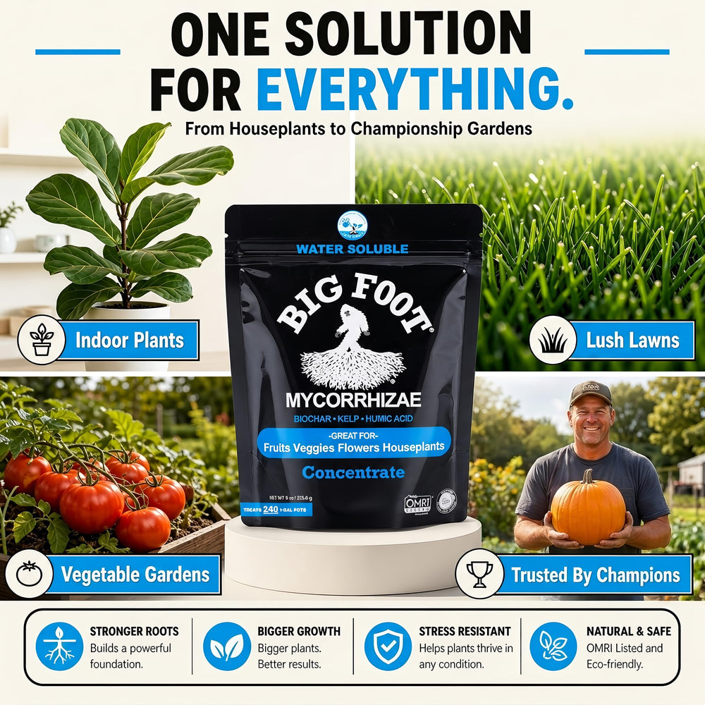 Big Foot Mycorrhizal Inoculant 4 oz with gardening tools