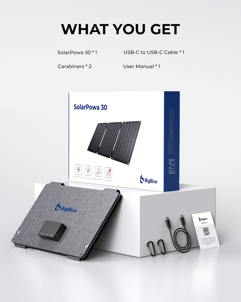 BigBlue 30W Solar Panel packaging and included accessories