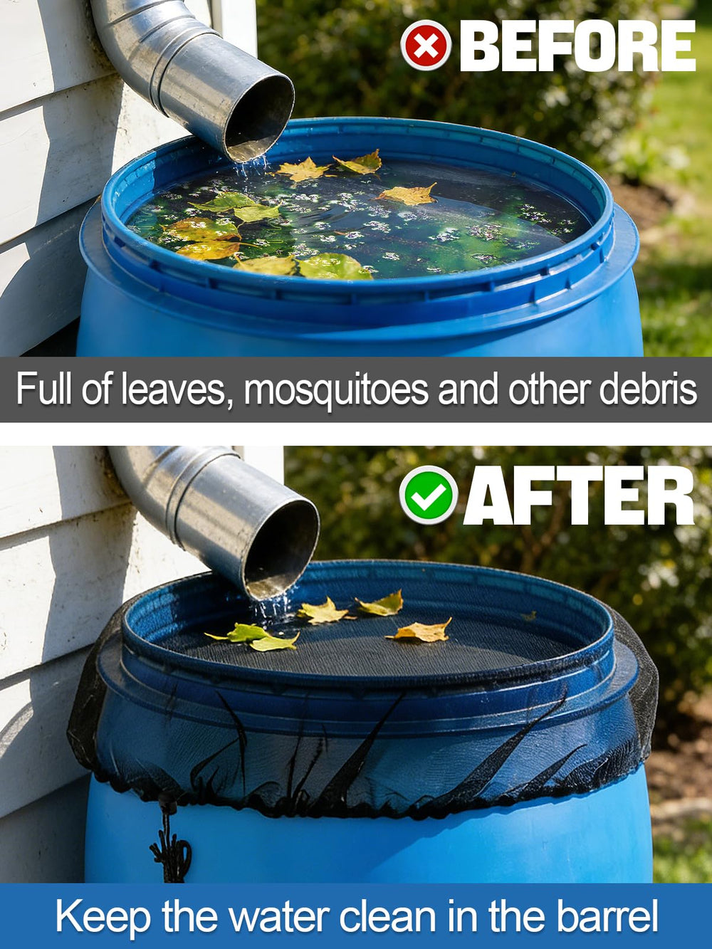 Biggun mesh cover on rain barrel with drawstring