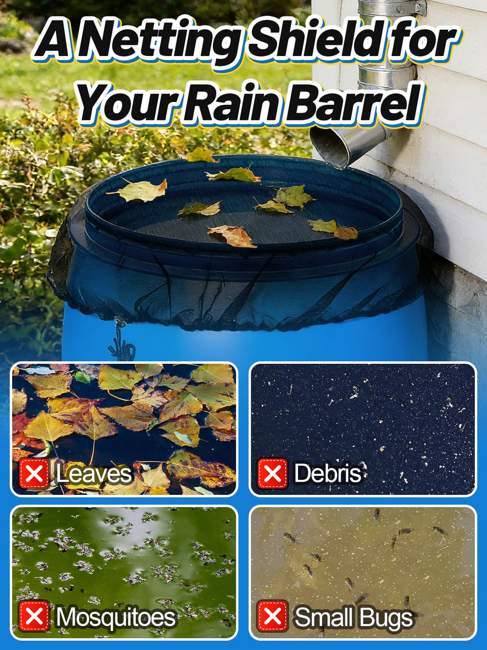 Biggun mesh cover secured on a rain barrel in a garden setting