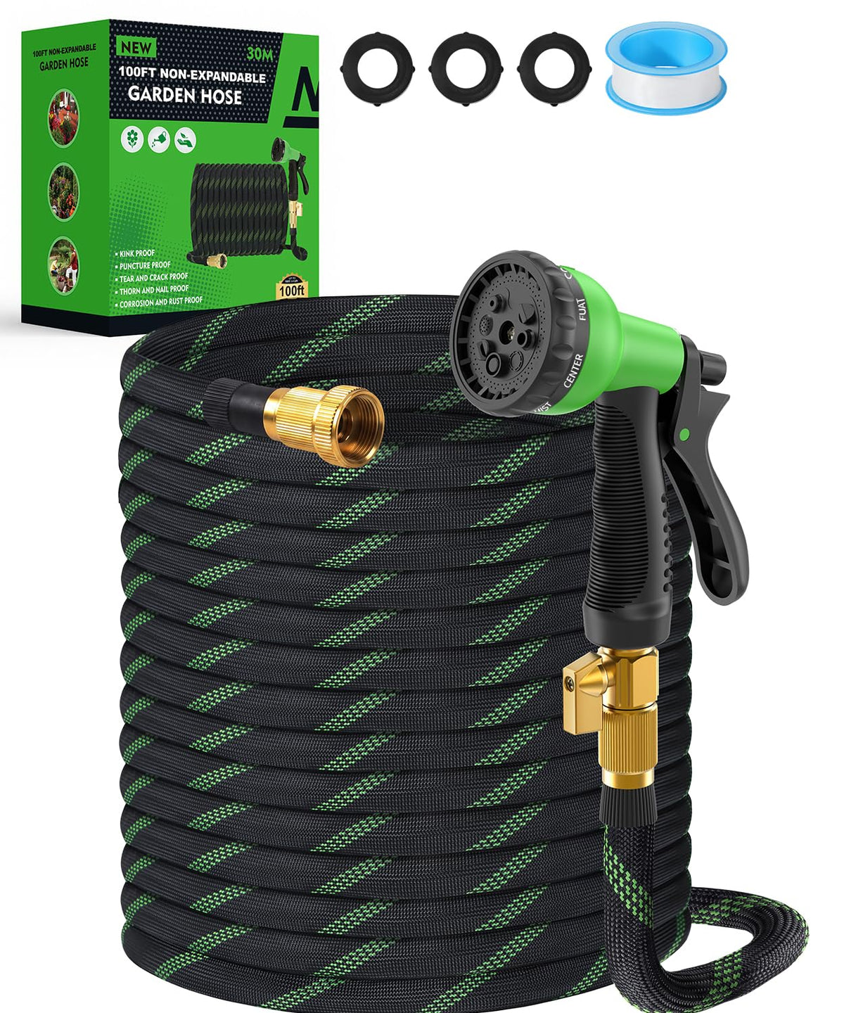 BIGITTA 100ft Garden Hose front view with spray nozzle