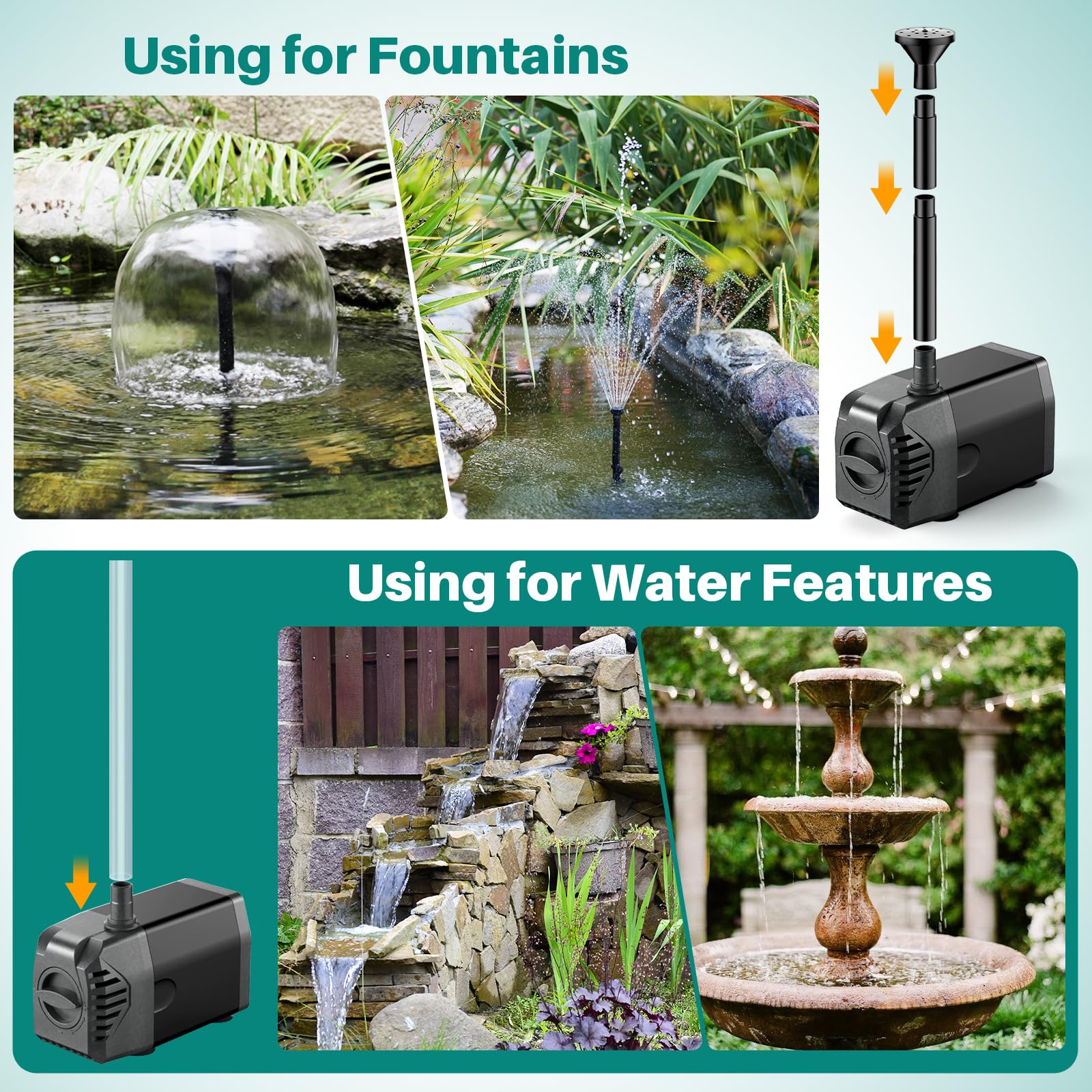 Biling solar fountain pump with adjustable nozzles