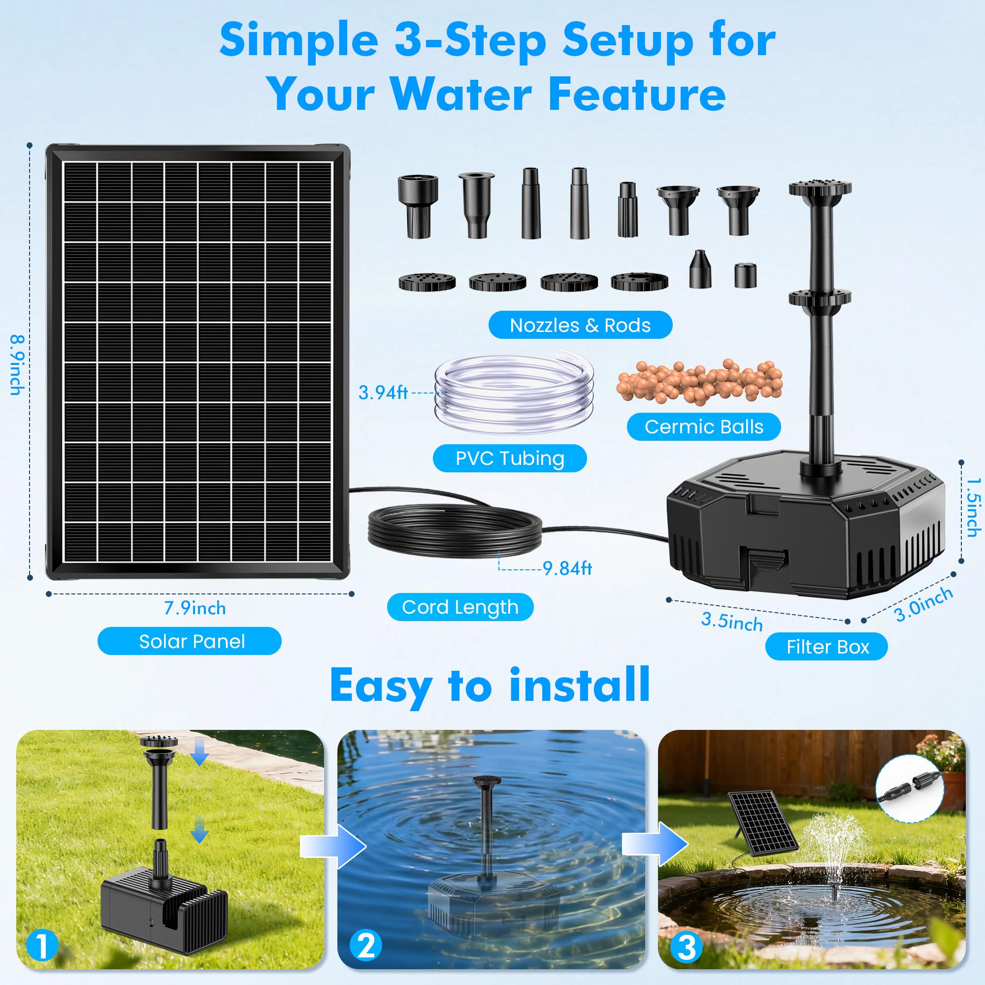 Biling Solar Pond Filter with water flowing from nozzle