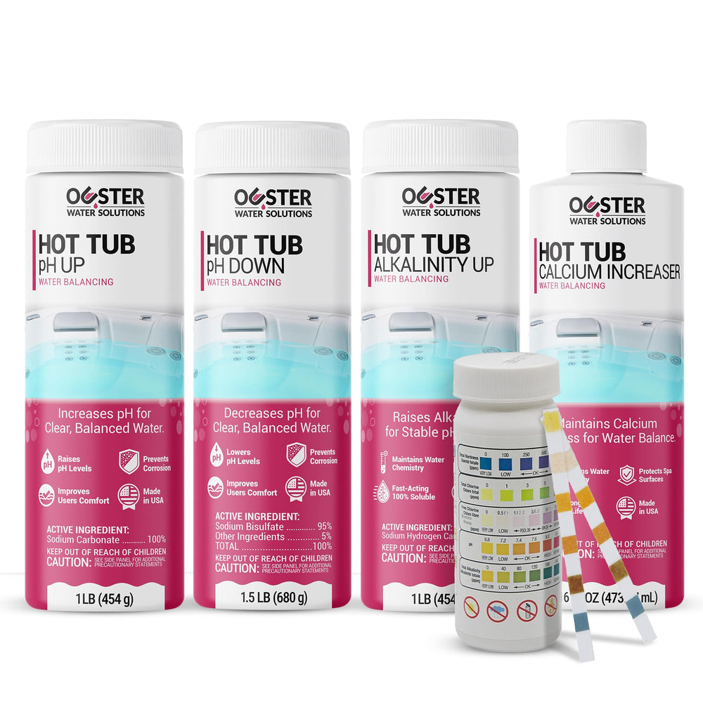 Bio Ouster Hot Tub Water Balancing Kit contents including pH Up and Down