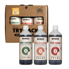 BioBizz Try Pack Indoor fertilizer kit including Bio Grow, Bio Bloom, and Top Max bottles