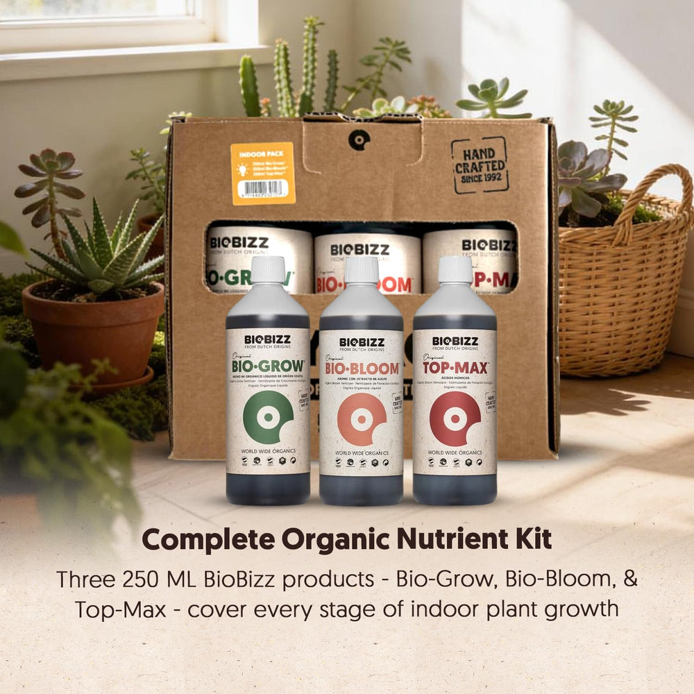 BioBizz Try Pack Indoor kit displayed with plants in a home setting