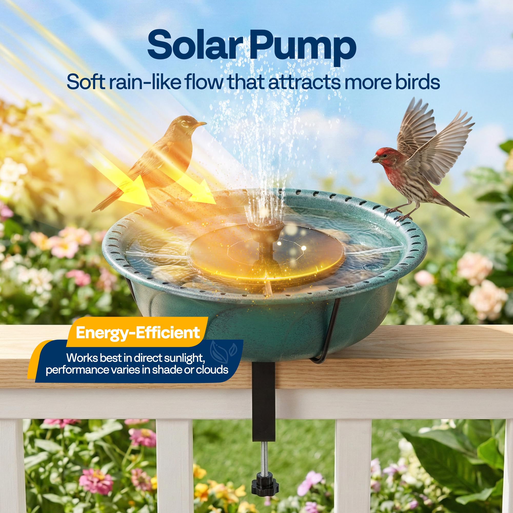 Bird bath with fountain set up on a garden railing