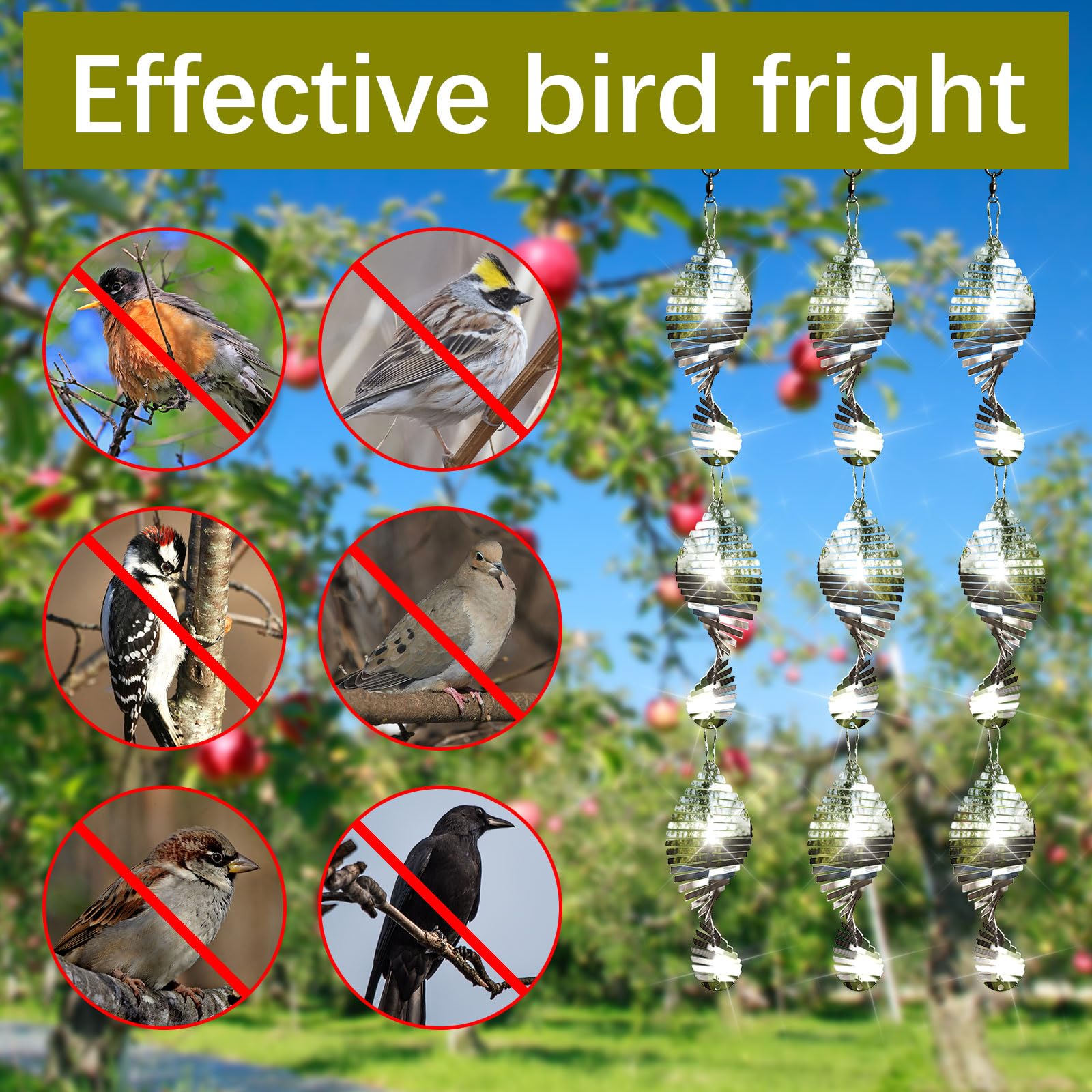 Bird deterrent discs installed in a garden