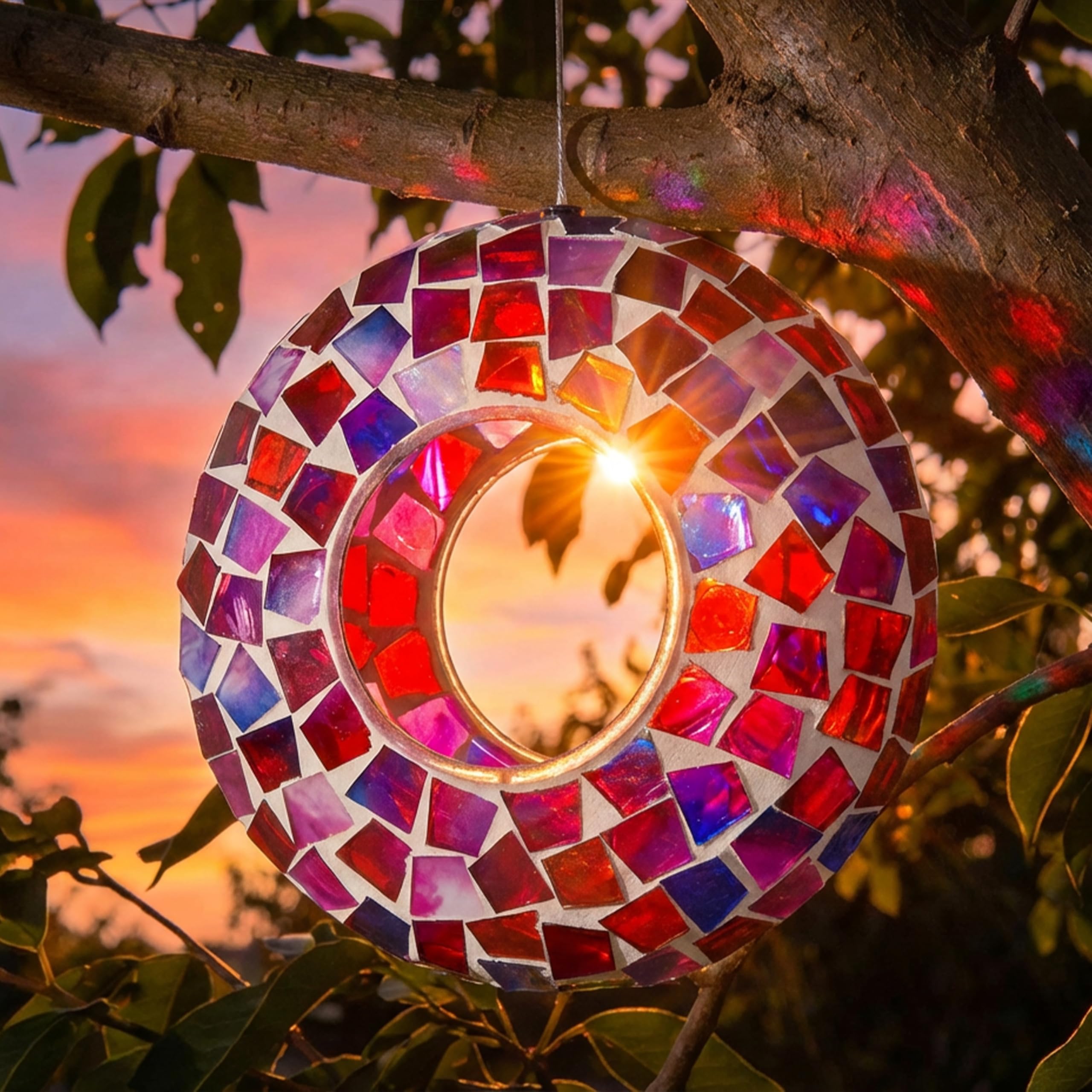Bird feeder displaying colorful reflections in sunlight