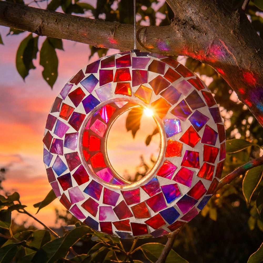 Bird feeder displaying colorful reflections in sunlight
