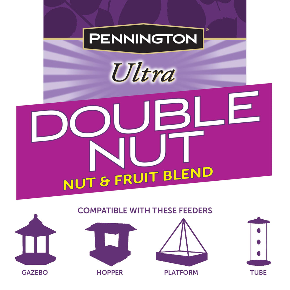 Bird feeder filled with Pennington Ultra Double Nut & Fruit Blend