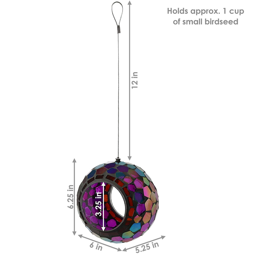 Bird feeder hanging from a tree branch with seed