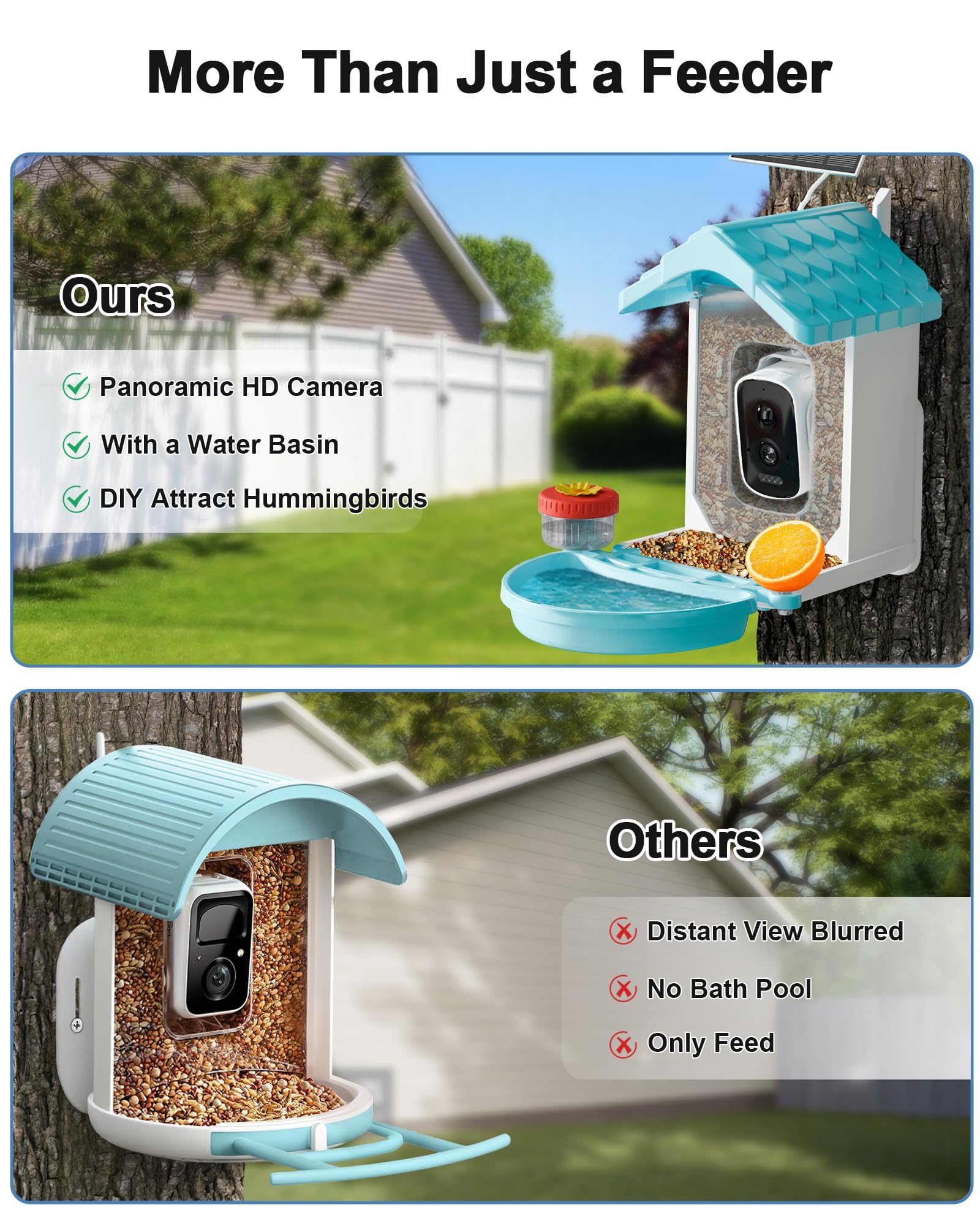 Bird feeder in a garden setting with birds feeding