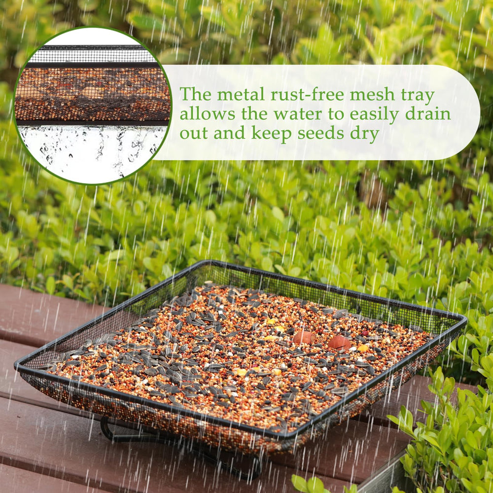 Bird feeder tray in a garden setting with birds