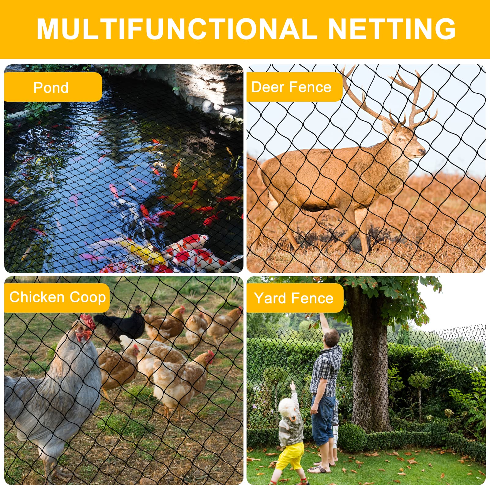 Bird netting showing secure attachment to tree branches