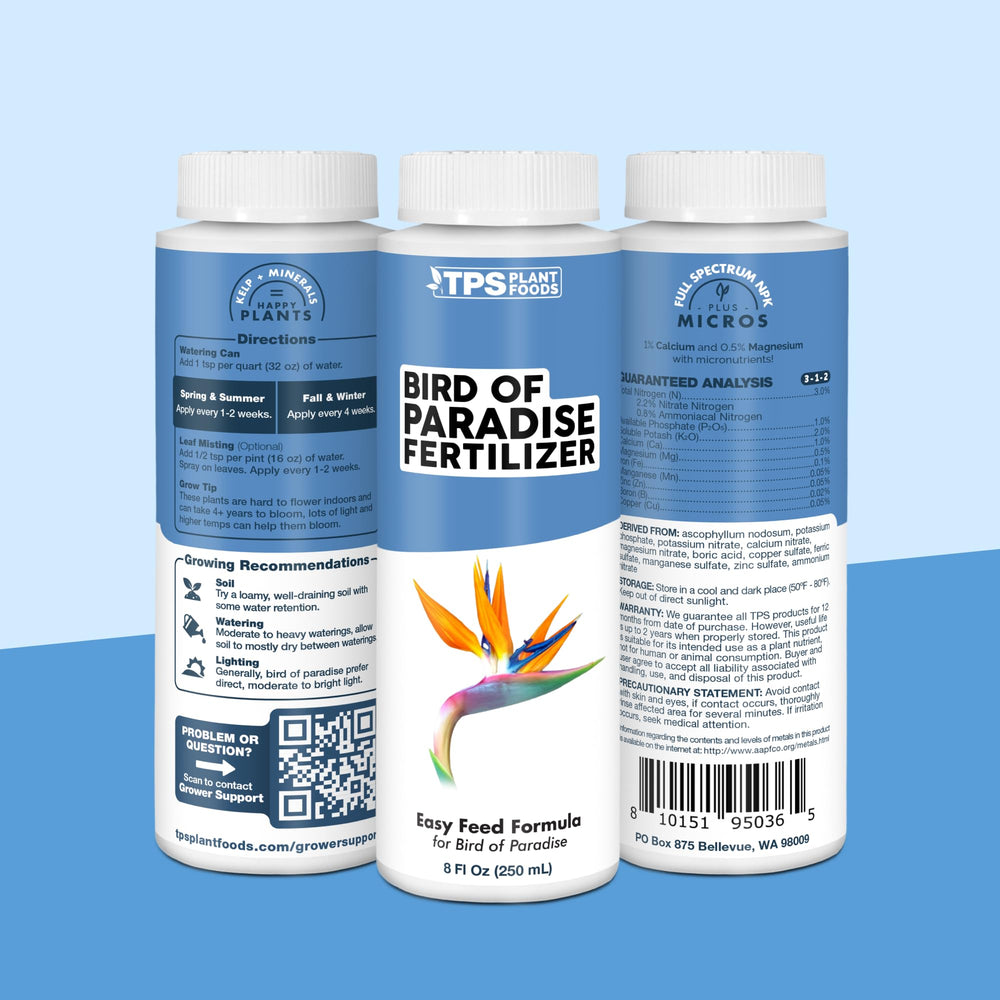 Bird of Paradise Fertilizer bottle with tropical plants