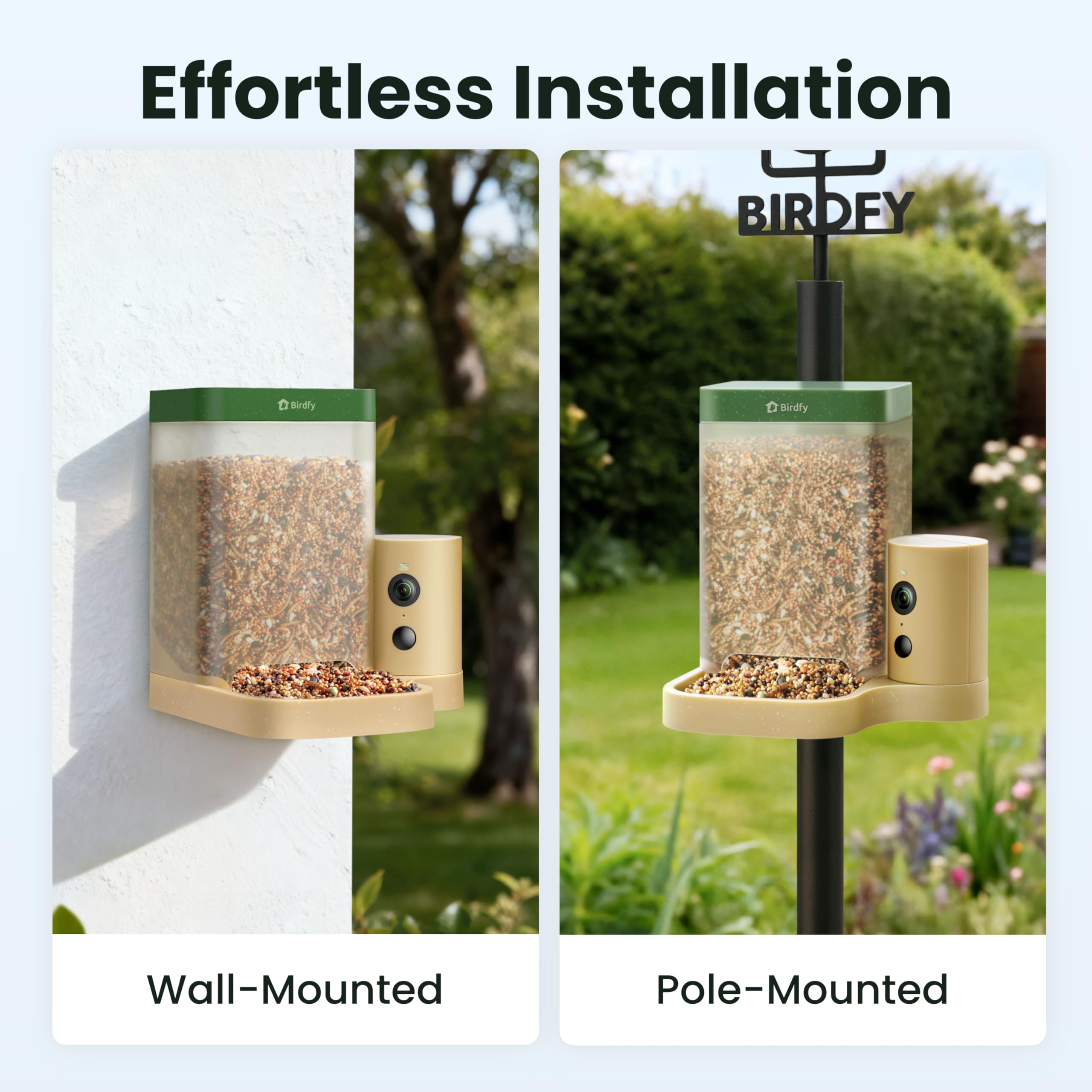 Birdfy feeder mounted securely on a pole in a garden