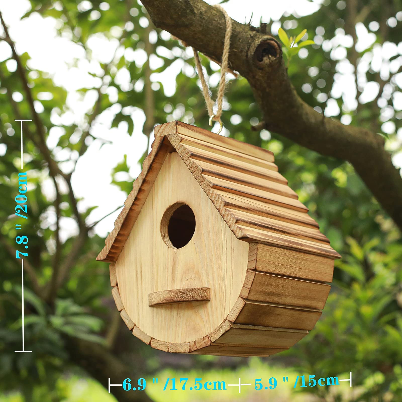 Birdhouse hanging from a tree branch in a garden