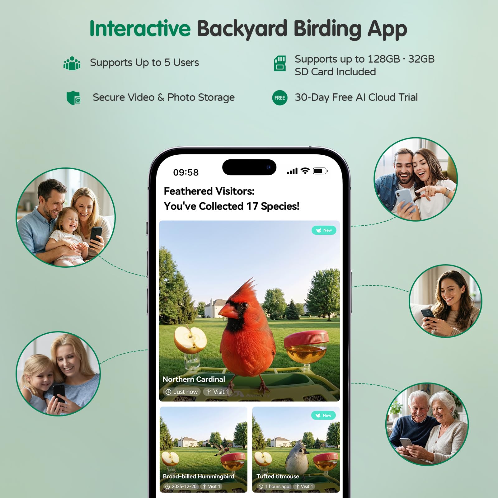 Birds feeding from Avinory Smart Bird Feeder