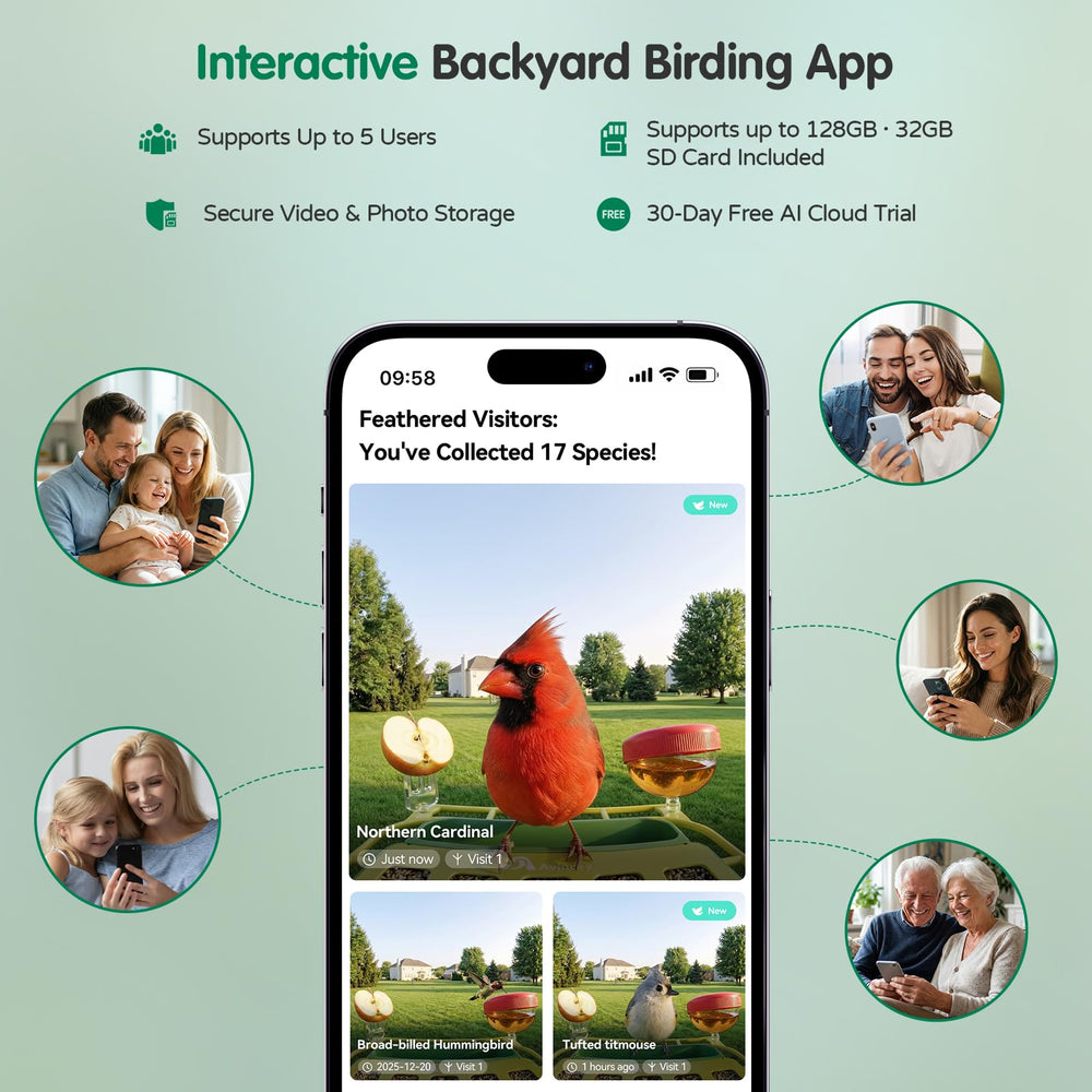 Birds feeding from Avinory Smart Bird Feeder