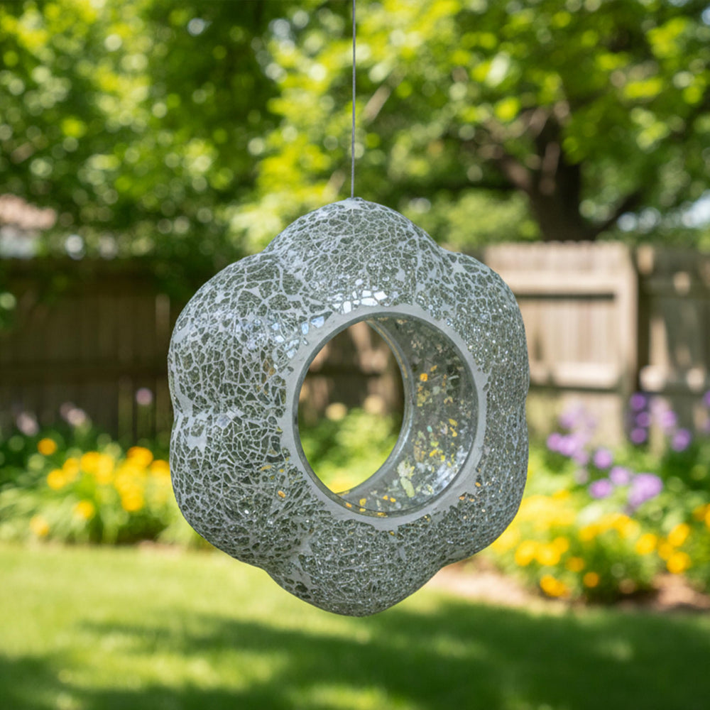 Birds feeding from the Sunnydaze Mosaic Glass Bird Feeder