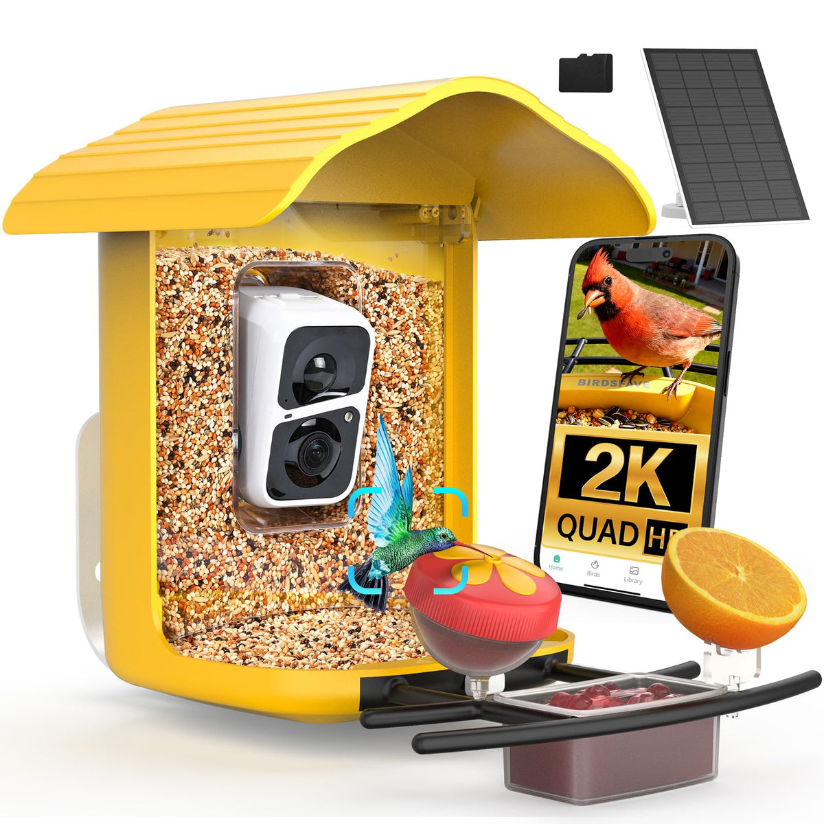 birdsnap PAV Bird Feeder dark yellow with camera and solar panel