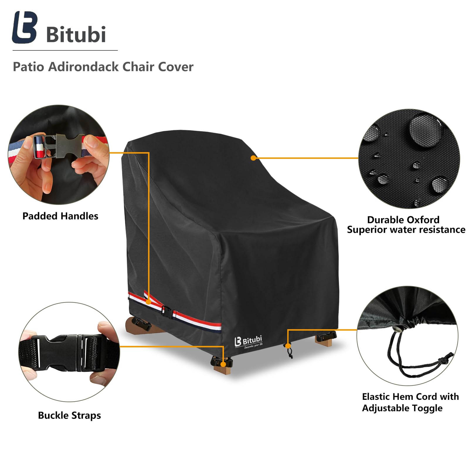 Bitubi Waterproof Adirondack Chair Cover Black with drawstring