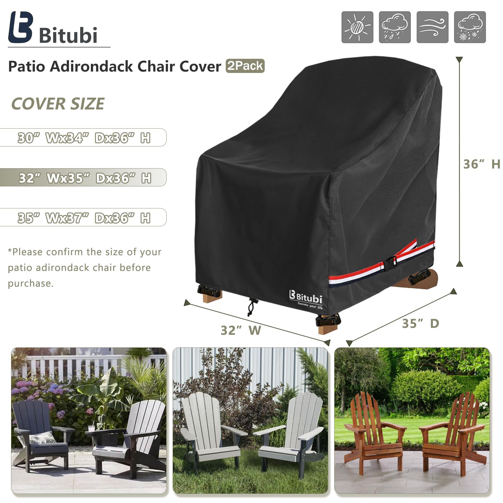 Bitubi waterproof patio chair cover side view showing dimensions