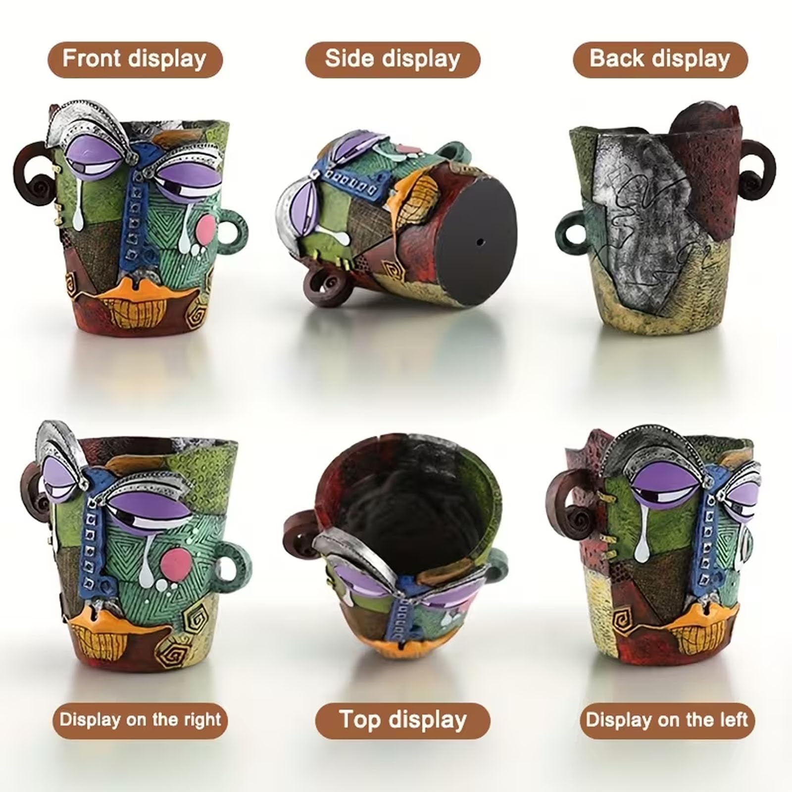 BJVF flower pot with abstract face design on a wooden table