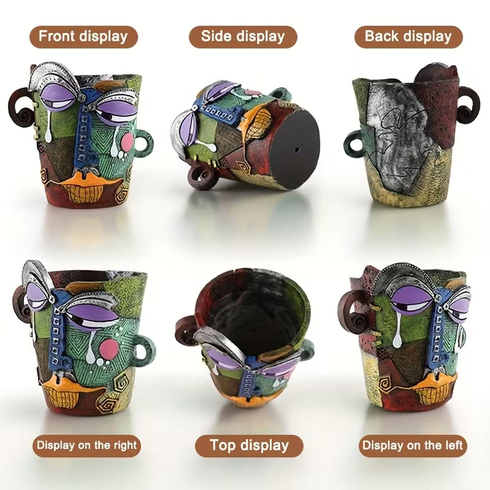 BJVF flower pot with abstract face design on a wooden table
