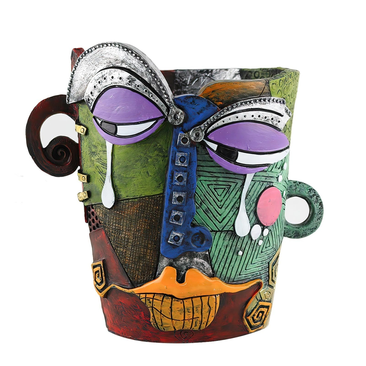 BJVF Picasso-Inspired Abstract Face Flower Pot front view in vibrant colours