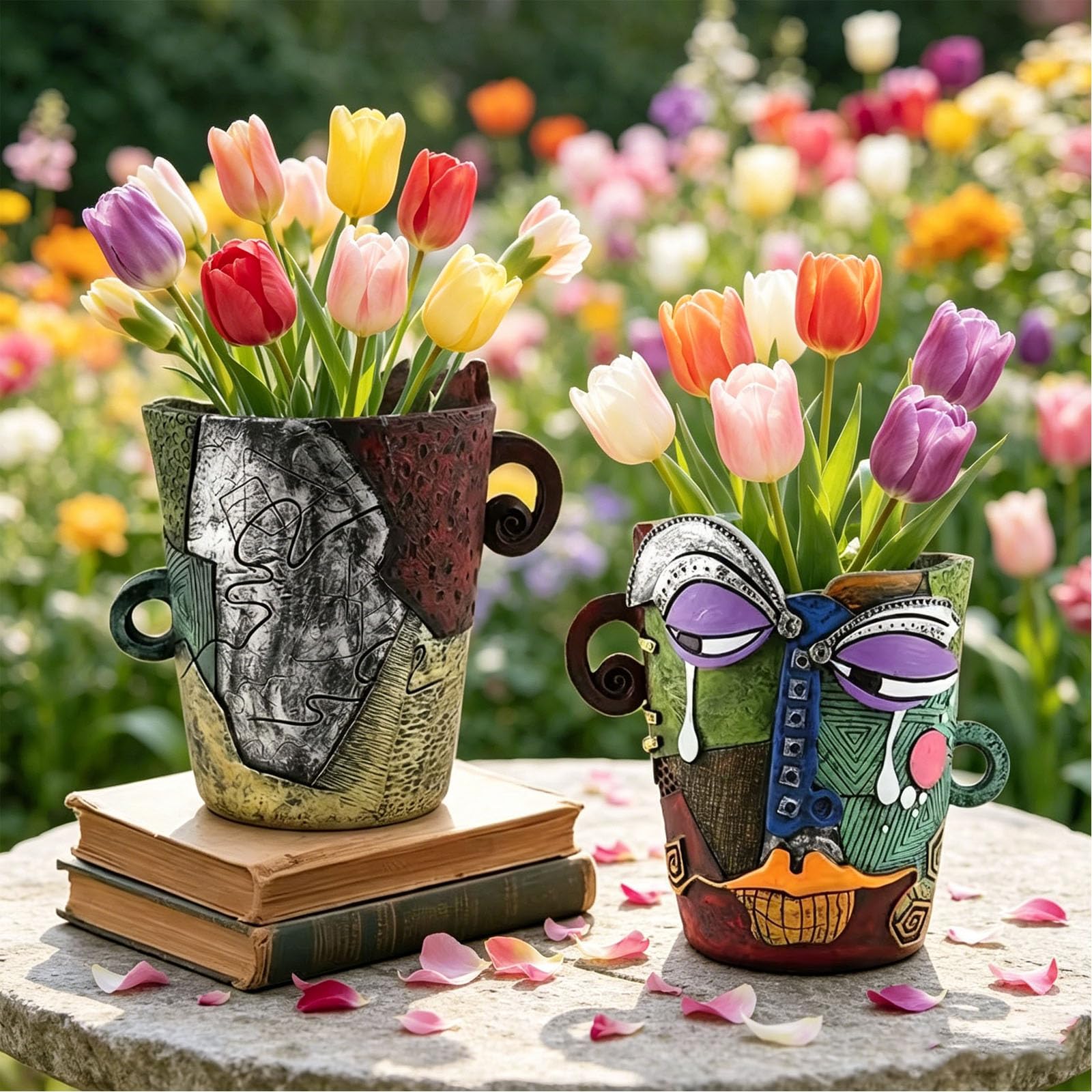 BJVF unique flower pot with bold colours in garden setting