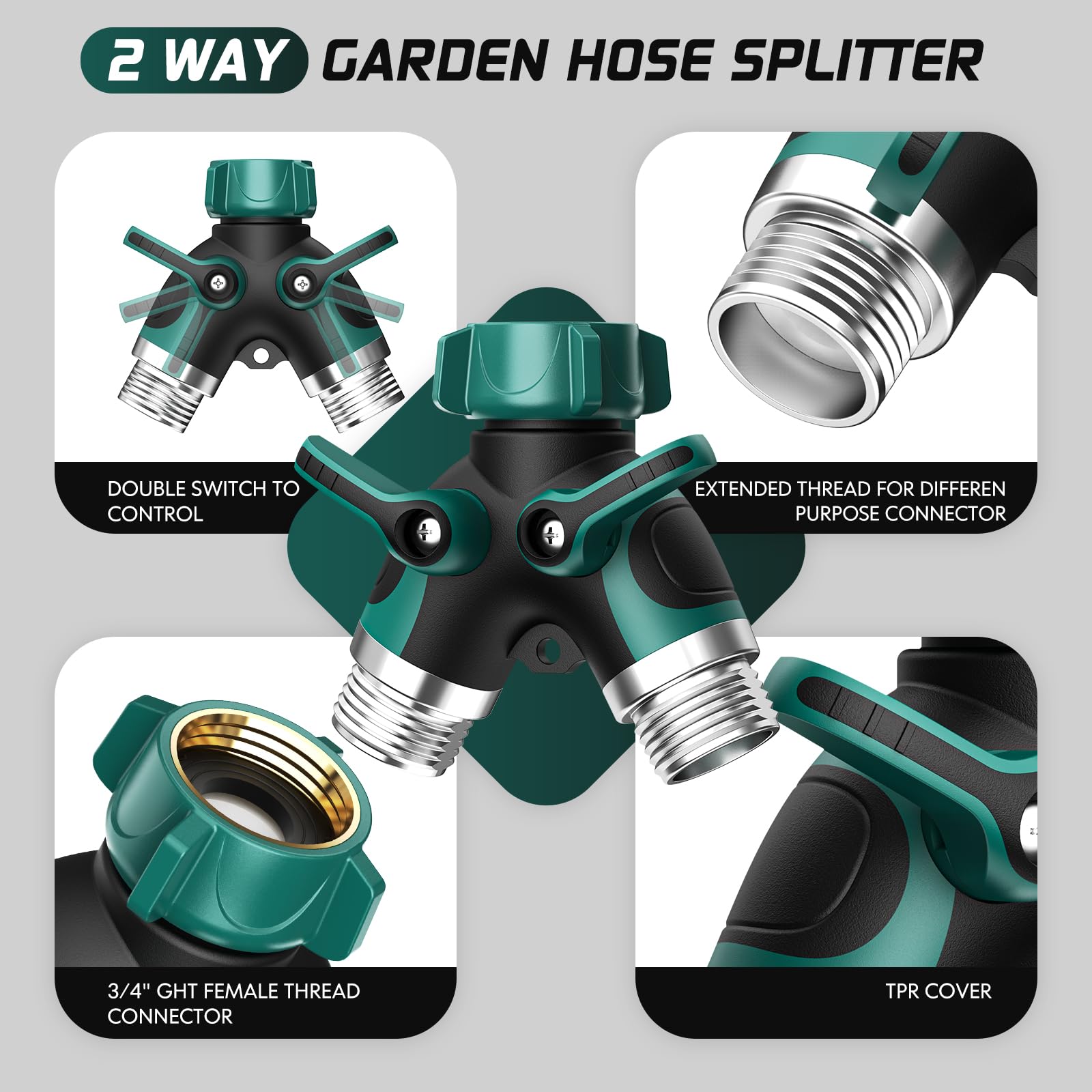 BKV 2 Way Garden Hose Splitter with shut off valve and washers
