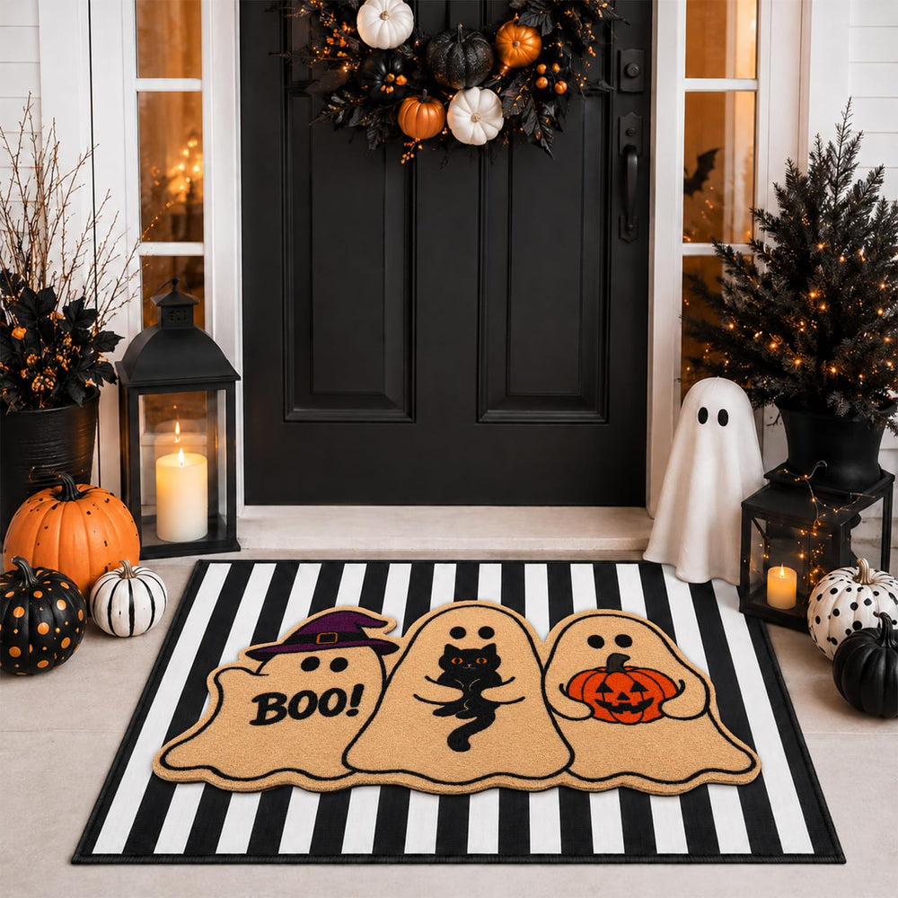 Black and white striped crystal velvet mat from the Halloween Doormat Set