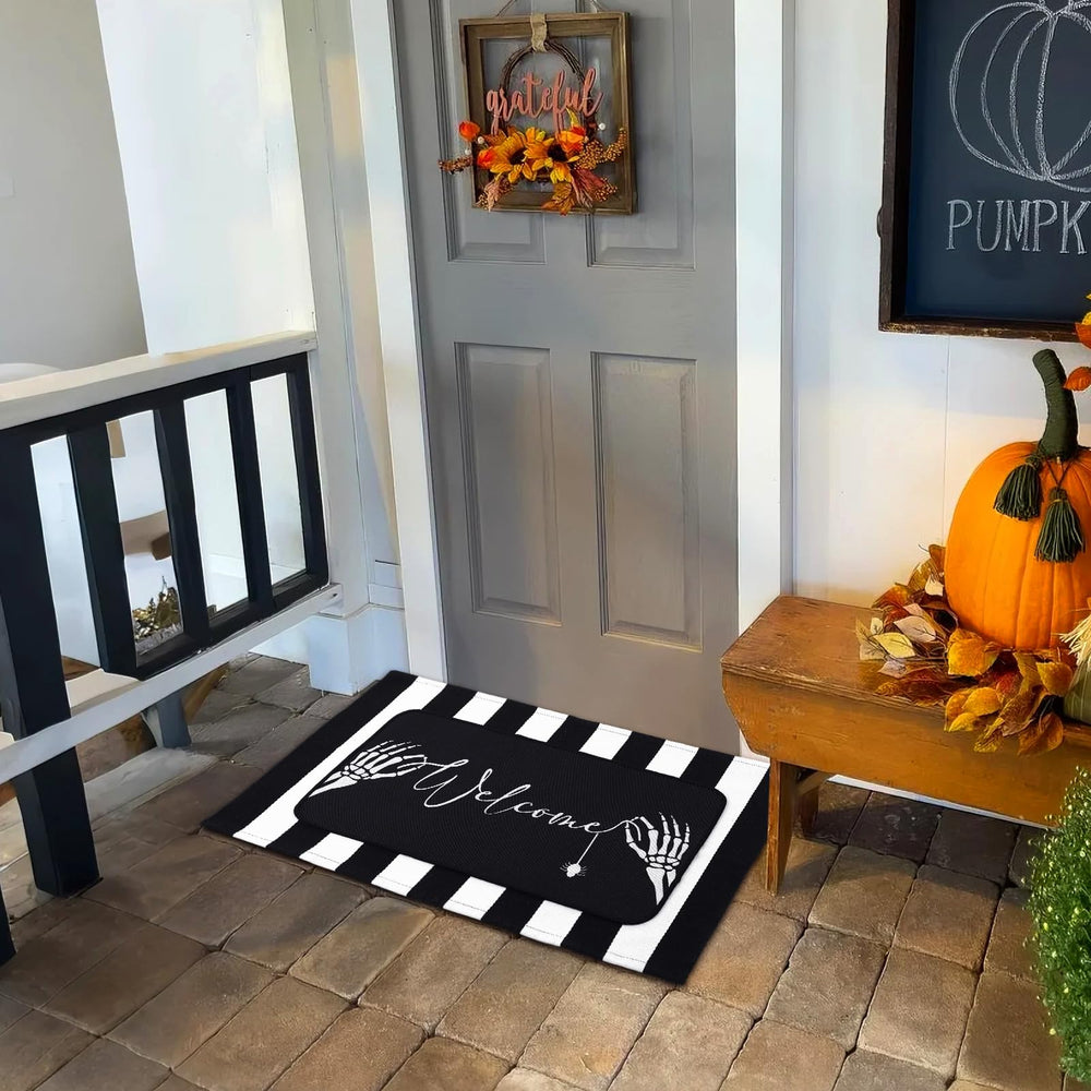 Black and white striped rug in a living room decor