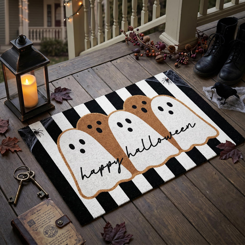 Black and white striped rug on patio