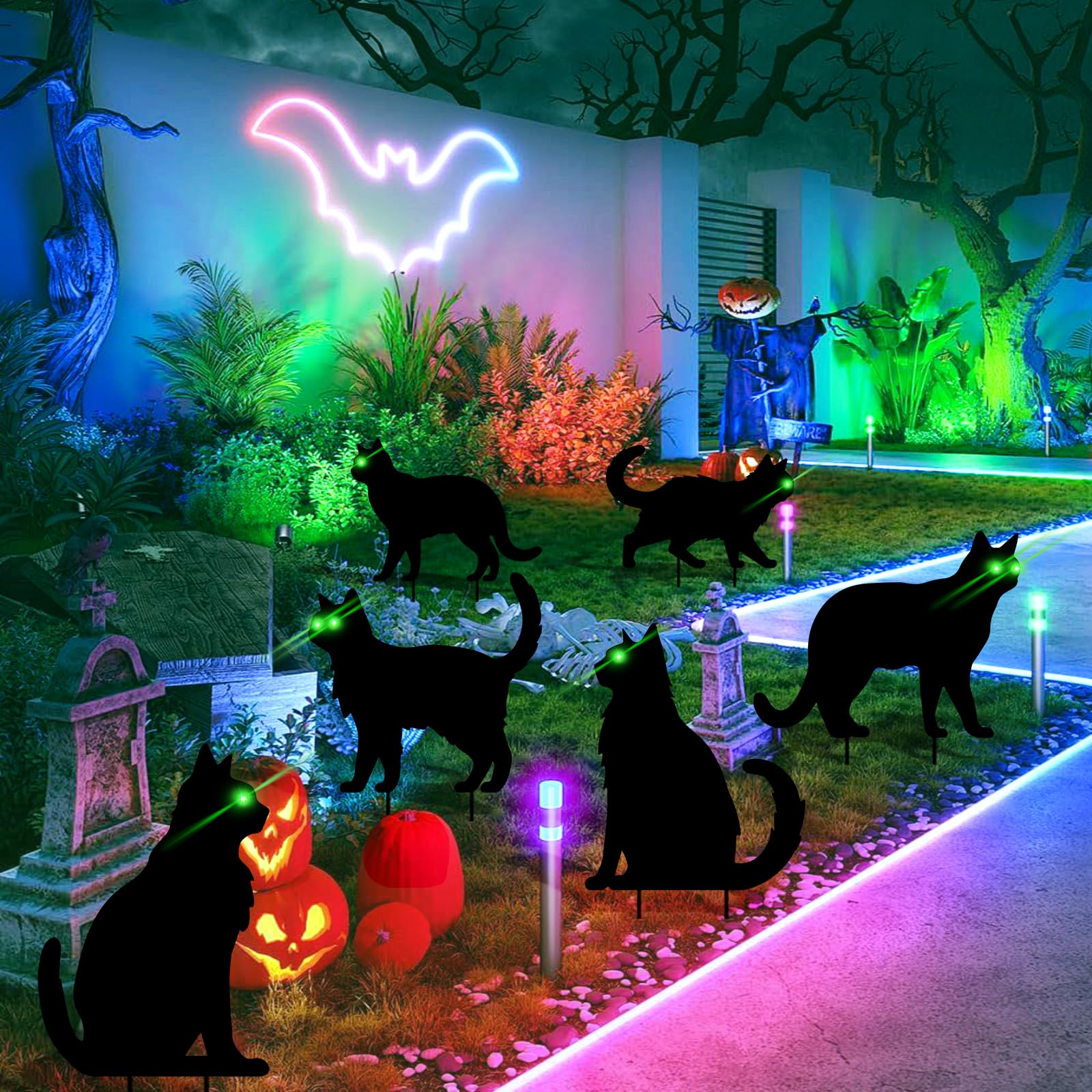 Black cat yard sign with glow-in-the-dark eyes