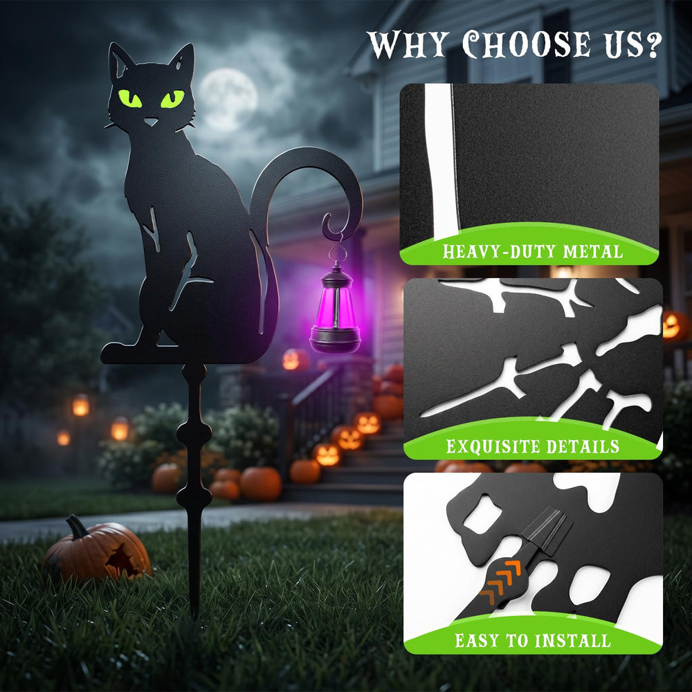 Black cat yard stakes illuminated at night with glowing eyes