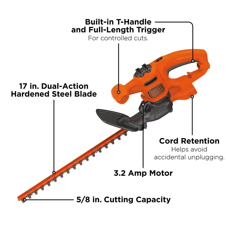 BLACK+DECKER Electric Hedge Trimmer 17-Inch with power cord