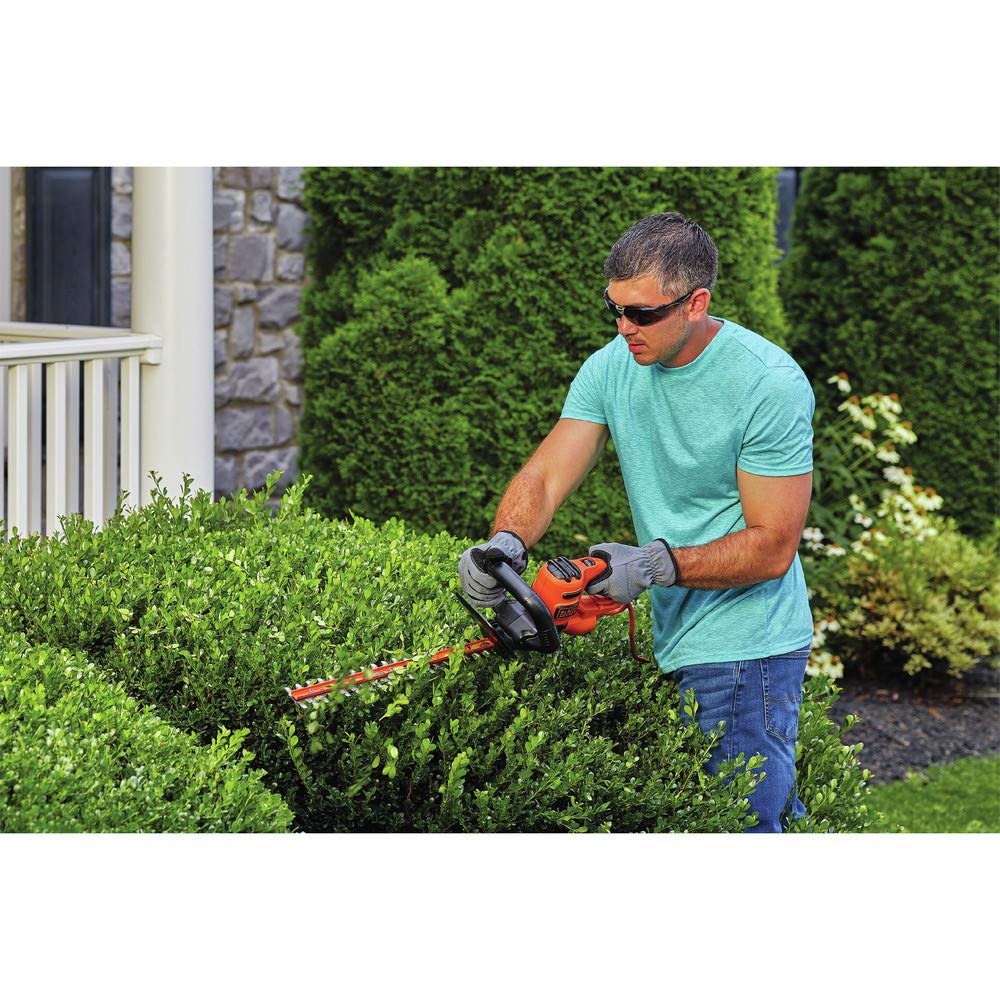 BLACK+DECKER hedge trimmer in use on small hedge