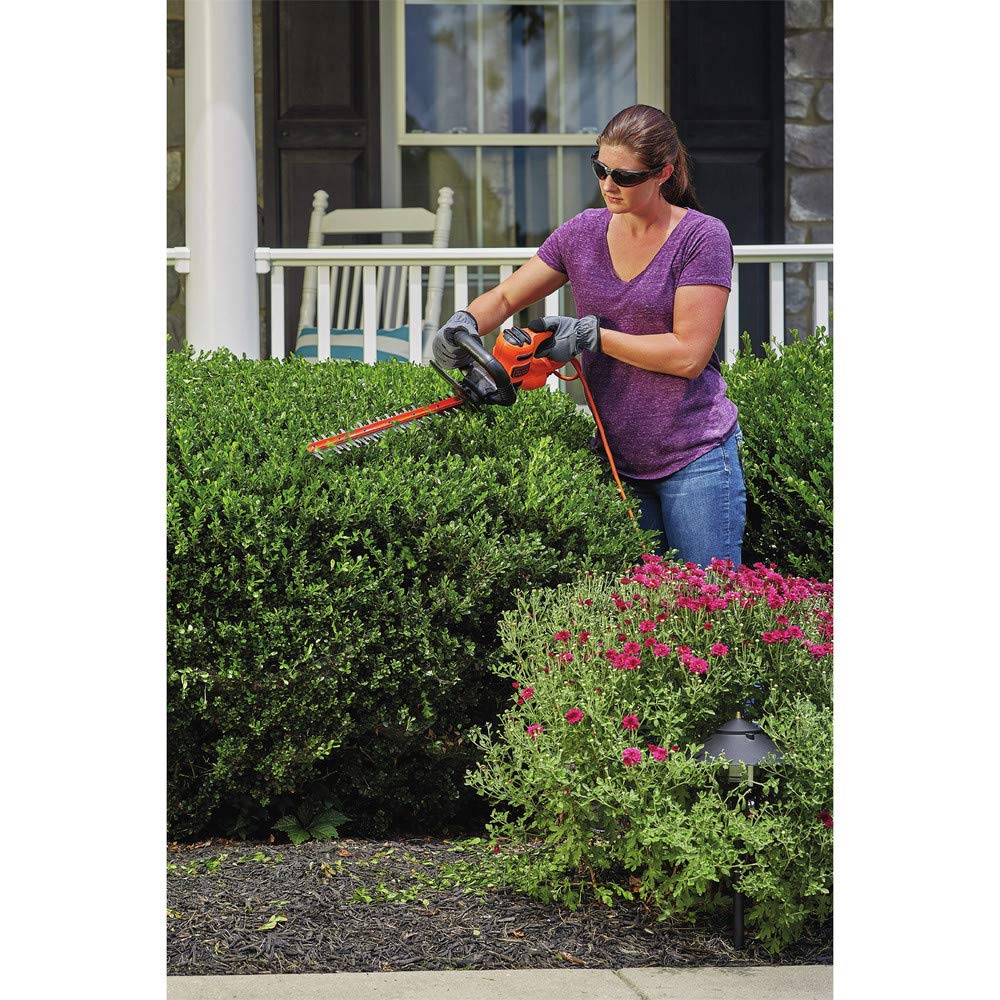 BLACK+DECKER hedge trimmer plugged in for use