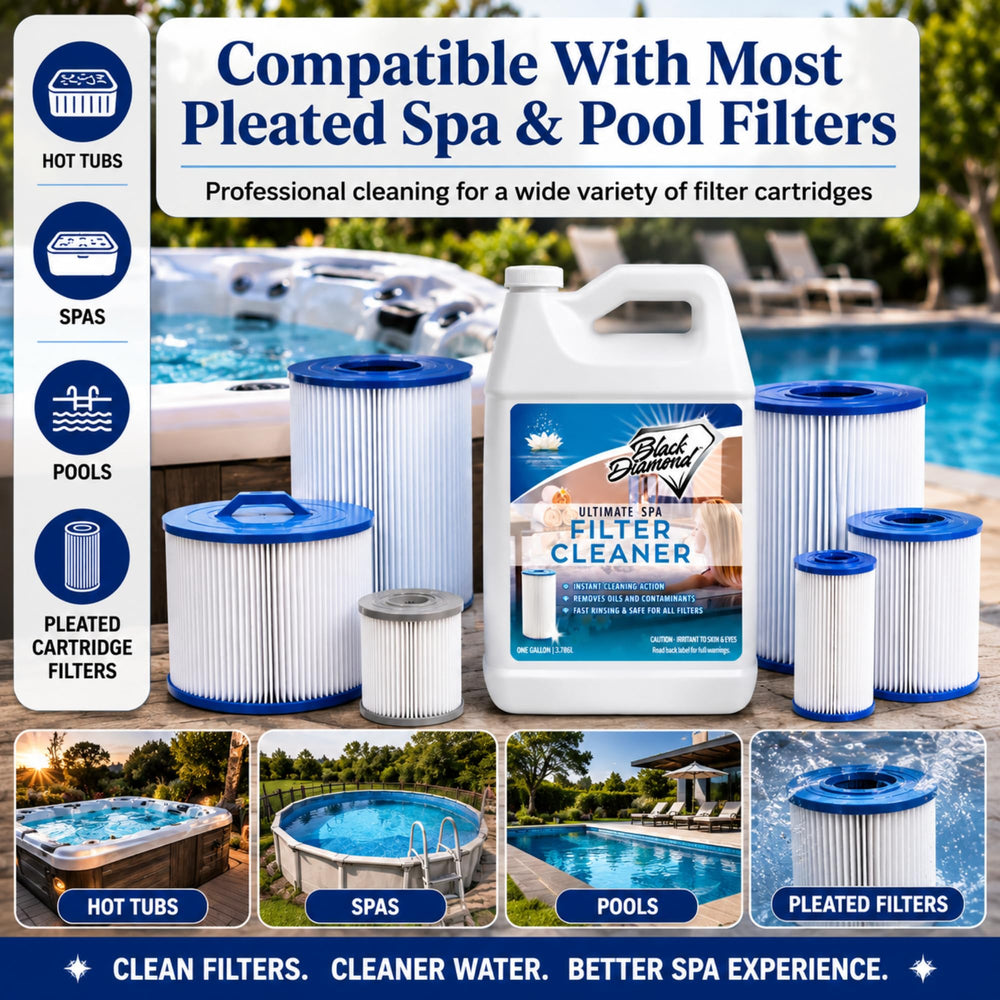 Black Diamond Stoneworks Spa Filter Cleaner Spray in a garden setting