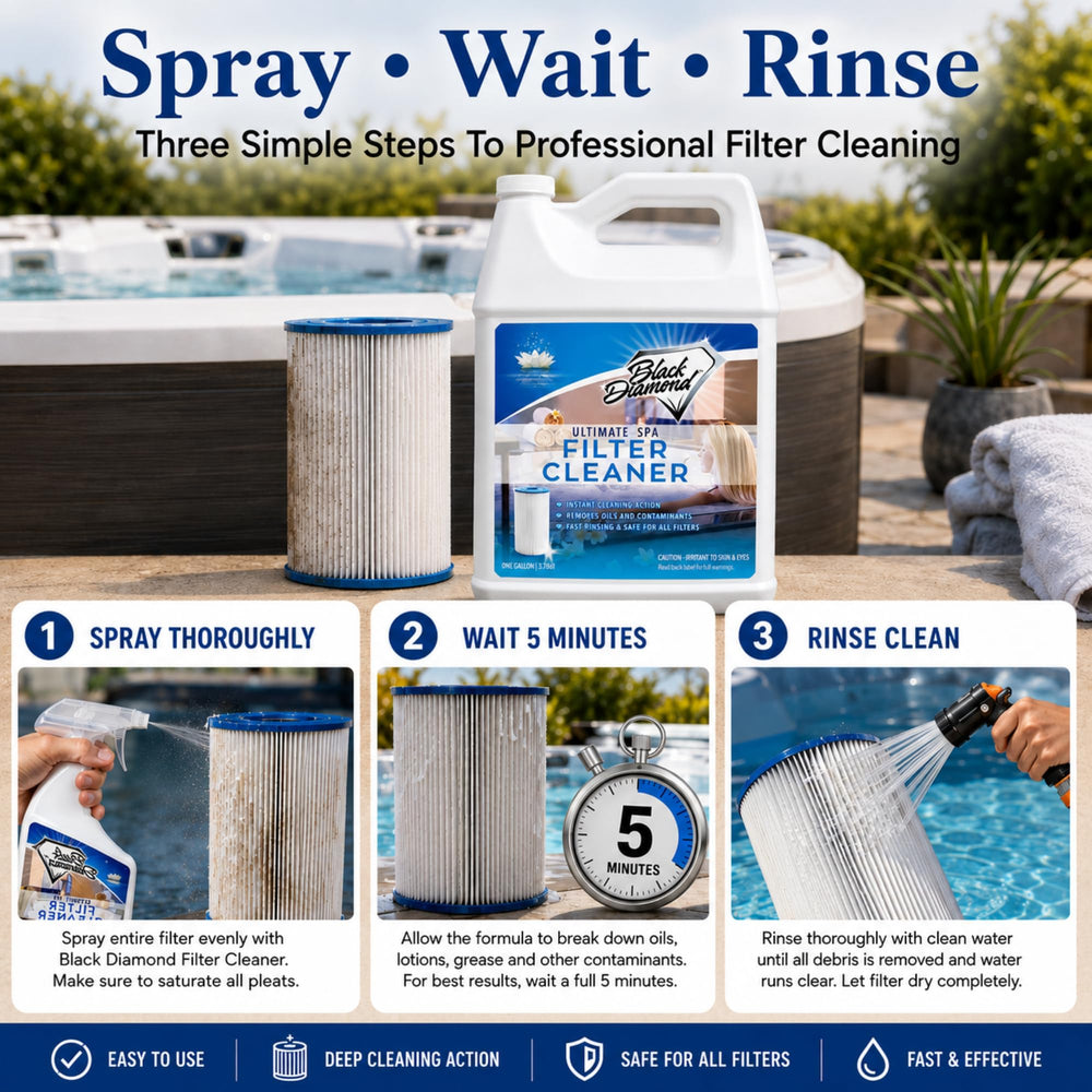 Black Diamond Stoneworks Spa Filter Cleaner Spray placed next to a hot tub