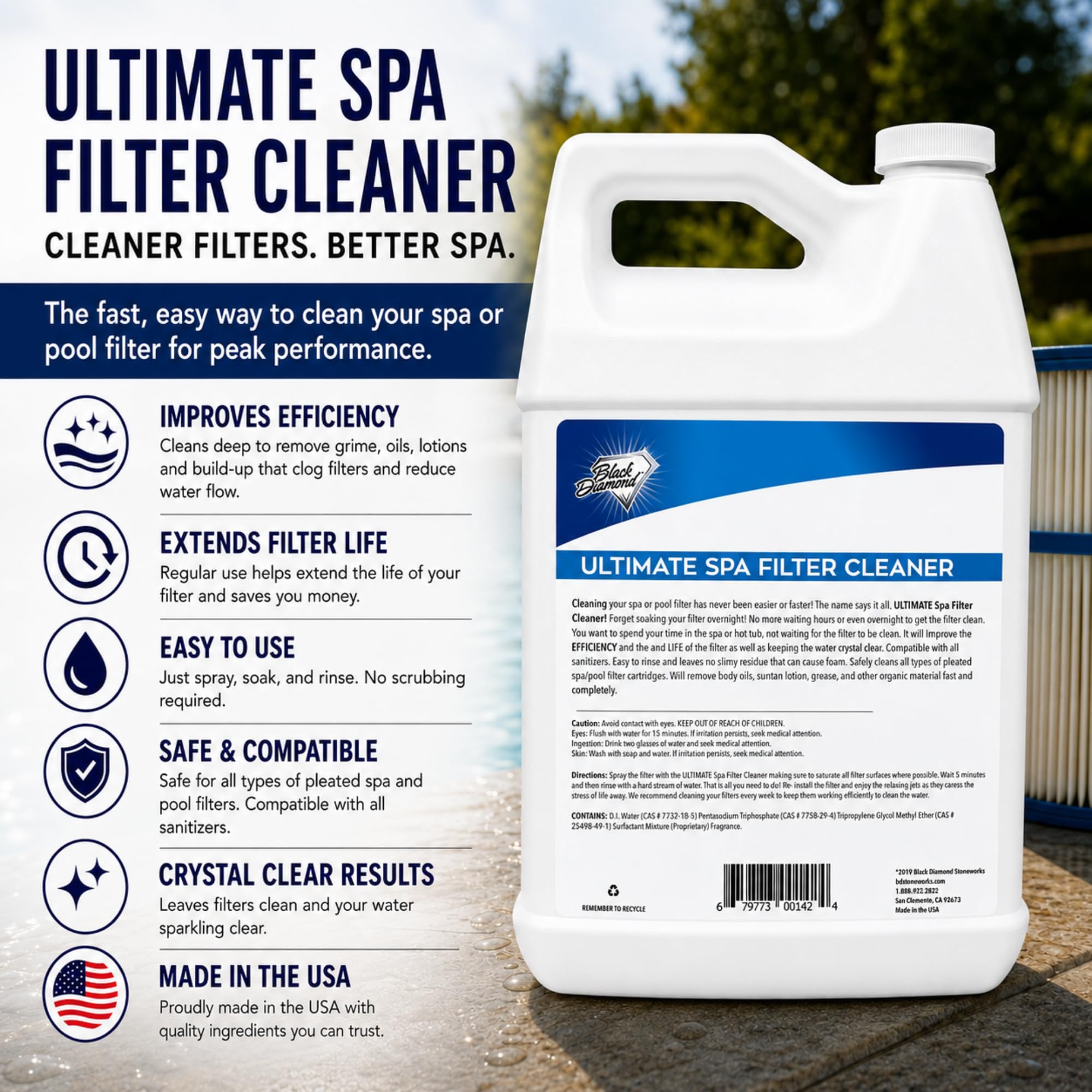 Black Diamond Stoneworks Spa Filter Cleaner Spray with a filter cartridge