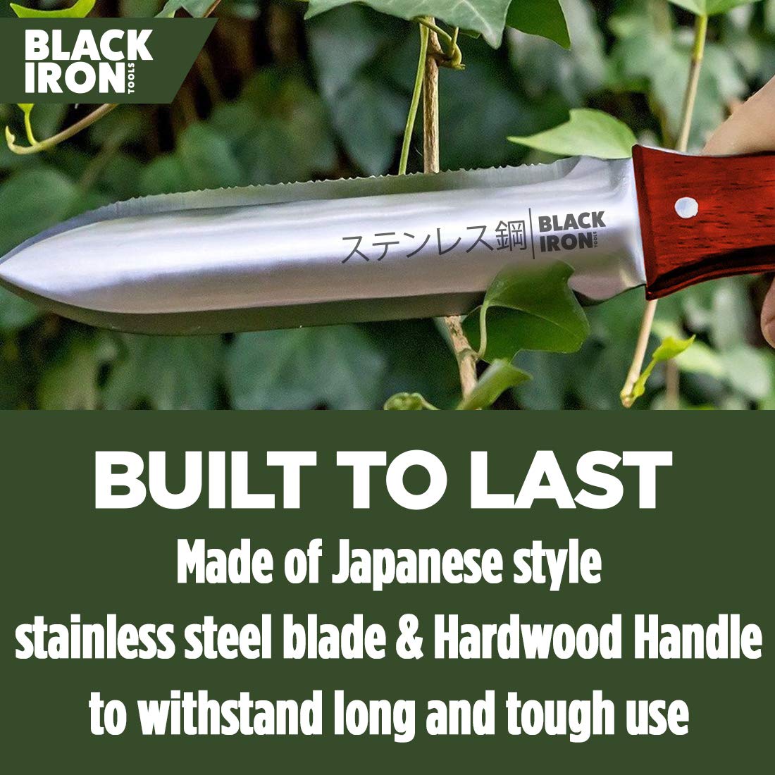 Black Iron Hori Hori Garden Knife demonstrating serrated edge