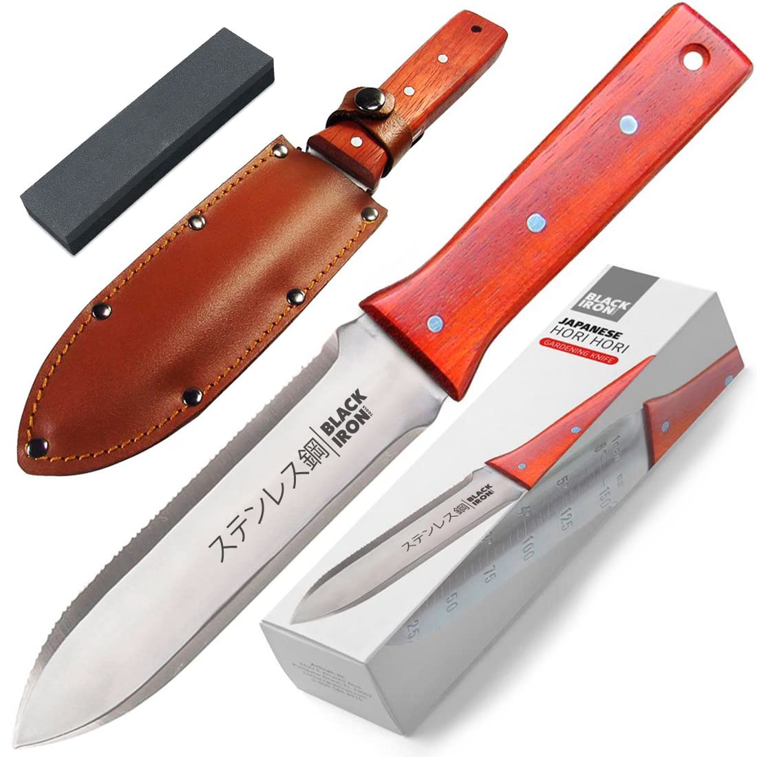 Black Iron Hori Hori Garden Knife front view with stainless steel blade