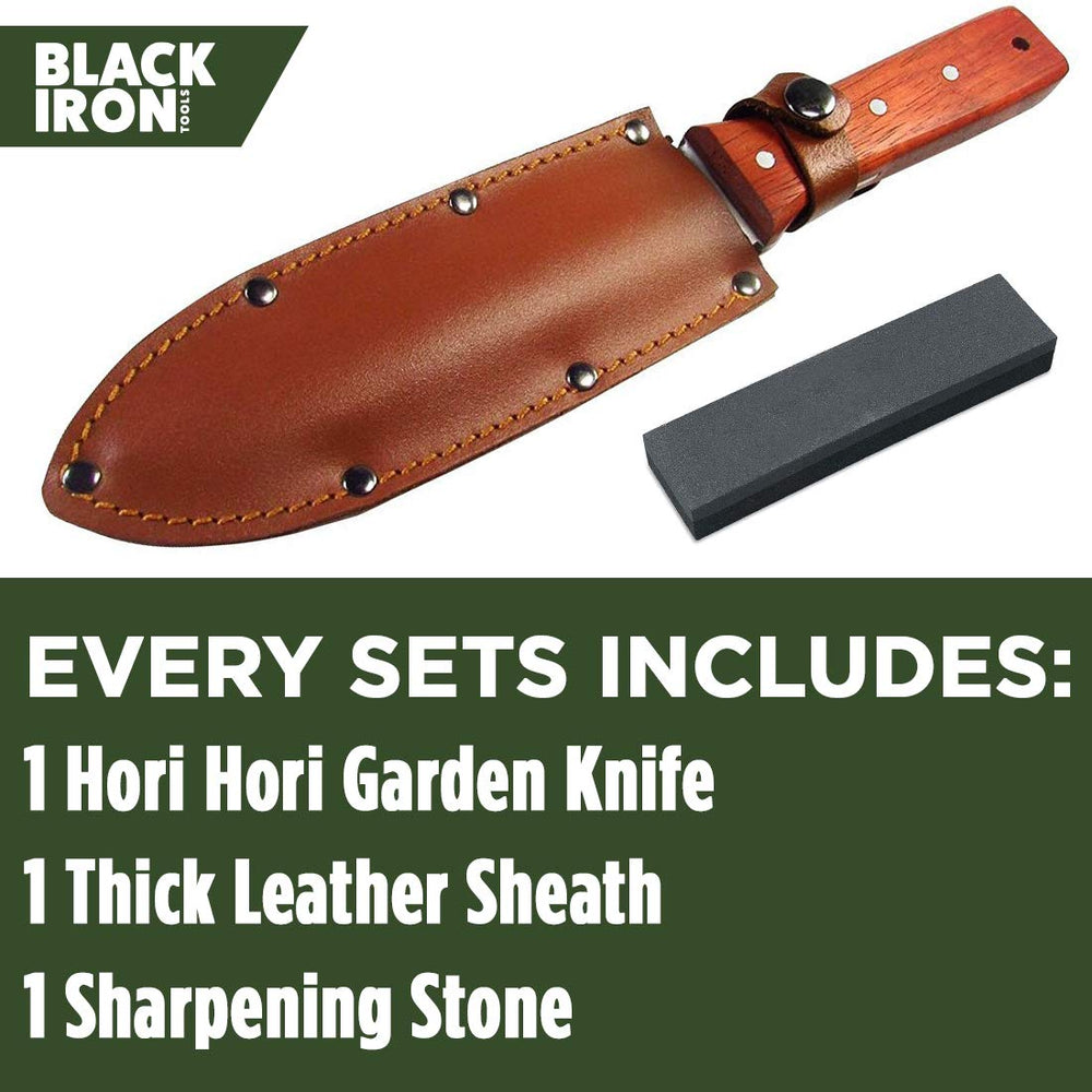 Black Iron Hori Hori Garden Knife measuring depth markings on the blade