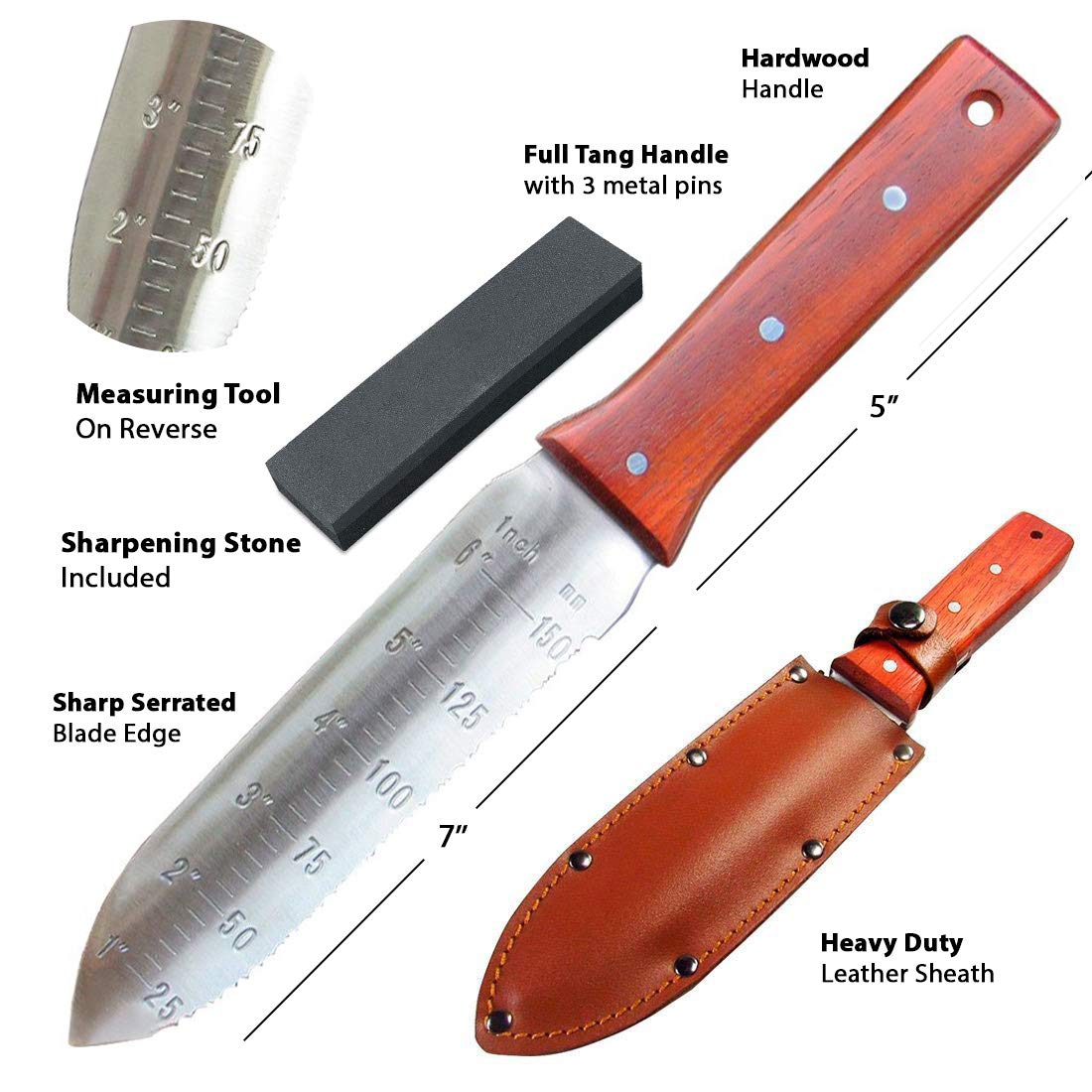 Black Iron Hori Hori Garden Knife showing ergonomic hardwood handle