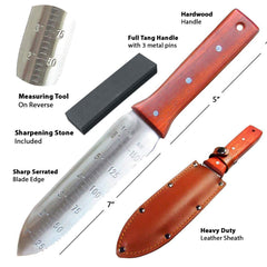 Black Iron Hori Hori Garden Knife showing ergonomic hardwood handle
